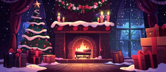Obraz premium Beside the beautifully decorated Christmas tree, a warm fireplace sits adorned with wrapped presents, creating a festive atmosphere.