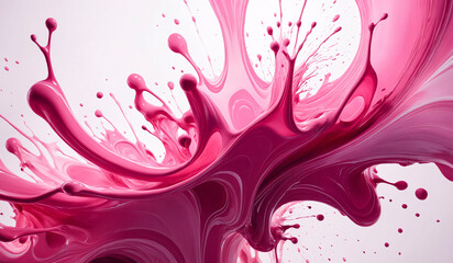 Beautiful abstraction of pink liquid paints in slow blending flow mixing together gently, abstract background with pink paint splashes, pink ink splash on white isolated background
