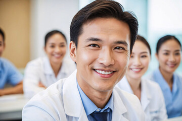 Smiling Male Southeast Asian Doctor in lecture during medical conference in meeting room, closeup