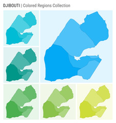 Djibouti map collection. Country shape with colored regions. Light Blue, Cyan, Teal, Green, Light Green, Lime color palettes. Border of Djibouti with provinces for your infographic.