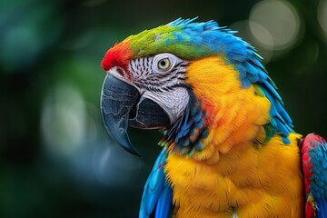 Obraz premium An intimate close-up capturing the expressive face and bright plumage of a multicolored macaw in its natural habitat