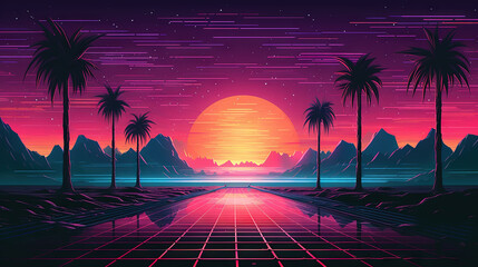 Road to horizon in synthwave style. 80s styled purple and blue synthwave highway landscape. - obrazy, fototapety, plakaty