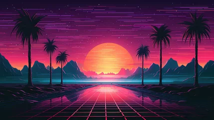 Fotobehang Road to horizon in synthwave style. 80s styled purple and blue synthwave highway landscape. © swillklitch