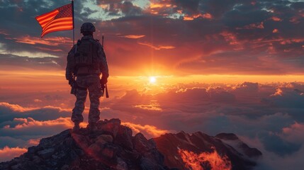 American Soldier Proudly Holding Flag on Mountain Peak at Sunset - Copy Space for Text