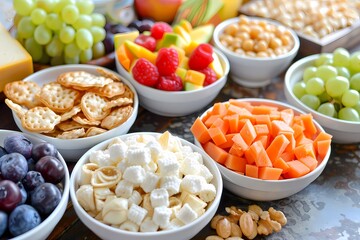 A variety of snacks including cheese, fruits and crackers in white bowls on a table. Ai generated