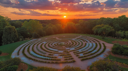 Aerial View of Lavender Labyrinth at Sunset with Copy Space, AI Generation