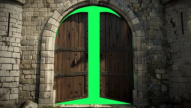 animation - Ancient castle gate with a mysterious green glow on green scren