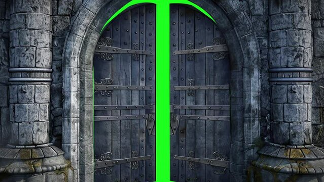 animation - Ancient castle gate with a mysterious green glow on green scren
