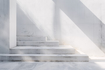 White minimalist architecture with sunlight casting shadows on stairs and wall