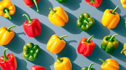 Top view texture of green, red and yellow on a grey background with shadows, vibrant assortment of fresh, crispy bell peppers, generative AI food illustration 