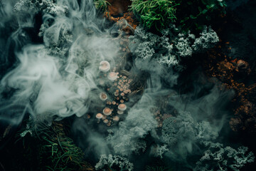 The mysterious forest, shrouded in fog, with mushrooms and moss, top view surreal natural texture, generative AI background - obrazy, fototapety, plakaty