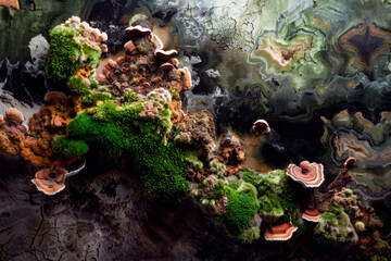 Top view surreal landscape. Moss-covered stones and wood with mushroom growths, some coral emerge from cracked, textured ground. Generative AI illustration in shades of brown, tan and pink.
 