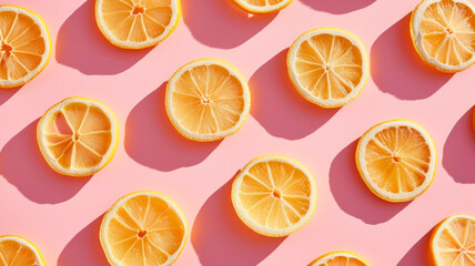A vibrant pink and yellow texture, pattern with top view citrus slices fruits on a flat background with shadows, generative AI illustration 