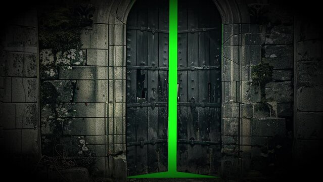 animation - Ancient castle gate with a mysterious green glow on green scren