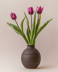 A minimalist ikebana style arrangement featuring three magenta tulips.