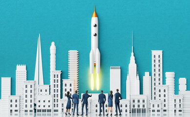 Business people watching successful startup in the City, background with beautiful white  skyscrapers periodic buildings and copy space. 3D rendering
