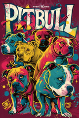
Create a vibrant and modern graffiti-style artwork that features an array of colorful pitbulls
