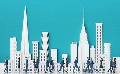 Busy business people are walking in the City, background with beautiful white  skyscrapers periodic buildings and copy space. 3D rendering