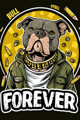A vector design for a sticker featuring an anime pitbull dog wearing a olive jacket over a white t-shirt and bulletproof vest