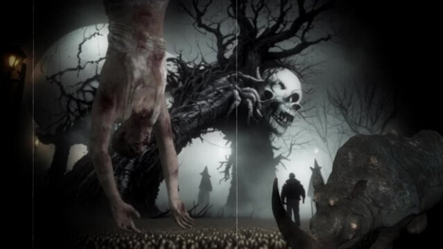 animation - Eerie fantasy scene with monstrous creatures and eerie landscape