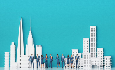 Successful business team in the City, background with beautiful city buildings and skyscrapers and copy space. 3D rendering 