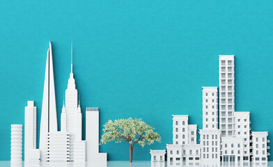 City background with beautiful white skyscrapers, periodic buildings, green tree and copy space. Representing eco city, healthy environment. 3D rendering