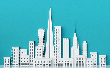City background with beautiful white  skyscrapers periodic buildings and copy space. 3D rendering