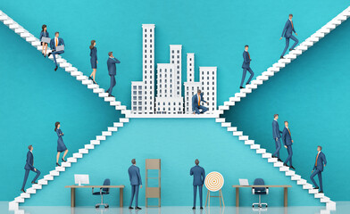 Successful business people are working in office in the city. Business environment concept with stairs  representing achievement, growth and career jorney. 3D rendering