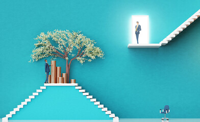 Businessman introducing a new startup in finance to investors. Business environment concept with stairs and open door representing prospects, opportunity, achievement, success. 3D rendering - 783251066