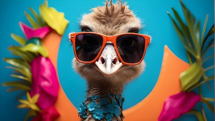 Funny ostrich with sunglasses in a brightly colored studio setting. - obrazy, fototapety, plakaty