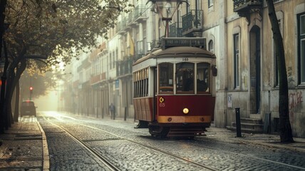 Vintage tram on misty city street at dawn. - obrazy, fototapety, plakaty