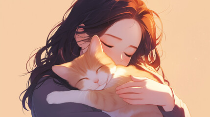Garota fofa abraçando seu gato - Ilustração