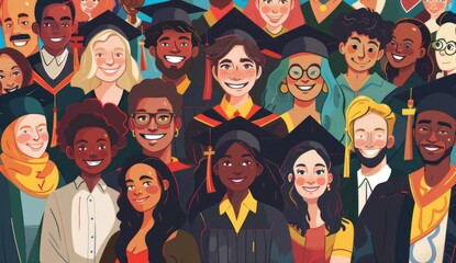 A diverse group of people from different cultures and backgrounds are all smiling at the camera in an illustrated style with other individuals dressed for graduation Generative AI