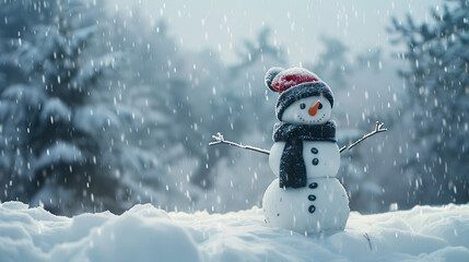 A snowman with a red hat and scarf stands in the snow. The scene is peaceful and serene, with the snowman as the main focus - obrazy, fototapety, plakaty