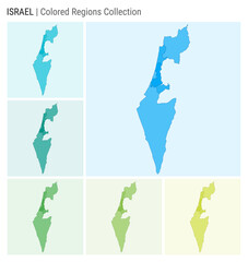 Israel map collection. Country shape with colored regions. Light Blue, Cyan, Teal, Green, Light Green, Lime color palettes. Border of Israel with provinces for your infographic. Vector illustration.