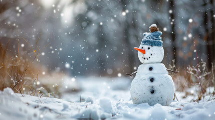 A snowman with a red hat and scarf stands in the snow. The scene is peaceful and serene, with the snowman as the main focus - obrazy, fototapety, plakaty