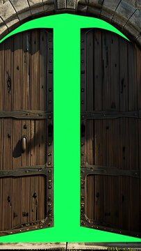 vertical animation - Ancient castle gate with a mysterious green glow on green scren