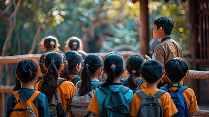 banner background International Zoo Lover Day theme, and wide copy space, A group of school children on a field trip, eagerly listening to a zookeeper's presentation,
