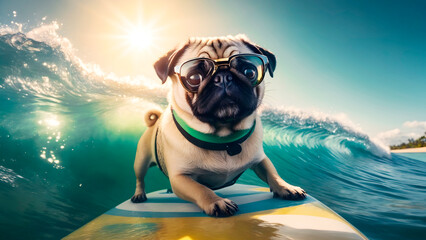 Funny pug dog surfing with crazy eyes and keeping balance on summer vacation - obrazy, fototapety, plakaty