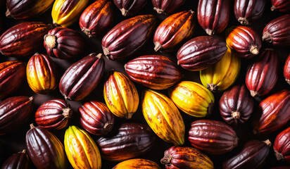 A vibrant collection of cacao pods in various stages of ripeness from roça diogo vaz, showcasing...
