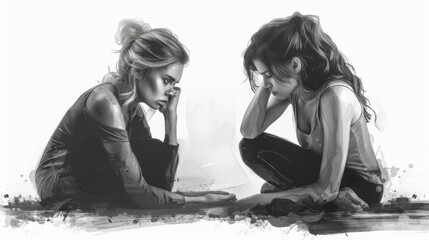 Unhappy Depressed Woman In need of Comfort Vector Illustration. Sad girl finding help and solidarity in a friend 