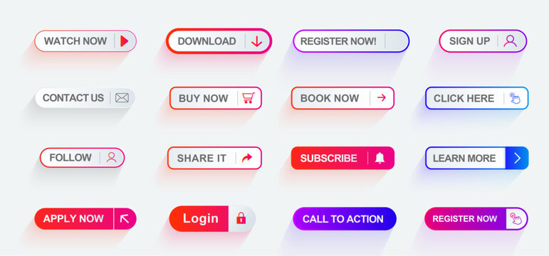 Read More, learn more, buy now, download, watch now, book more colorful button set. UI UX website button 
