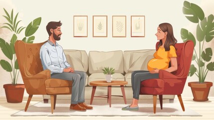 Pregnant Woman Saying Stop Smoking to her Husband Vector Illustration. Mother to be asking her partner to cease bad habits affecting her pregnancy - Powered by Adobe