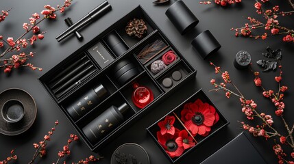 Mockup of a black open box and stationery set, seen from above, featuring floral elements, flowers, and empty space on a black backdrop. 