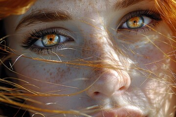 Detailed view of woman's face showing prominent freckles