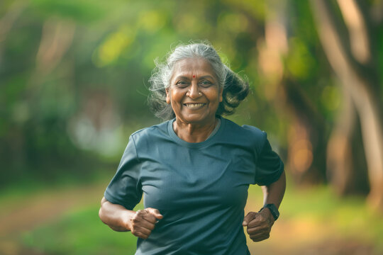 An old Indian woman running wearing sports apparel 