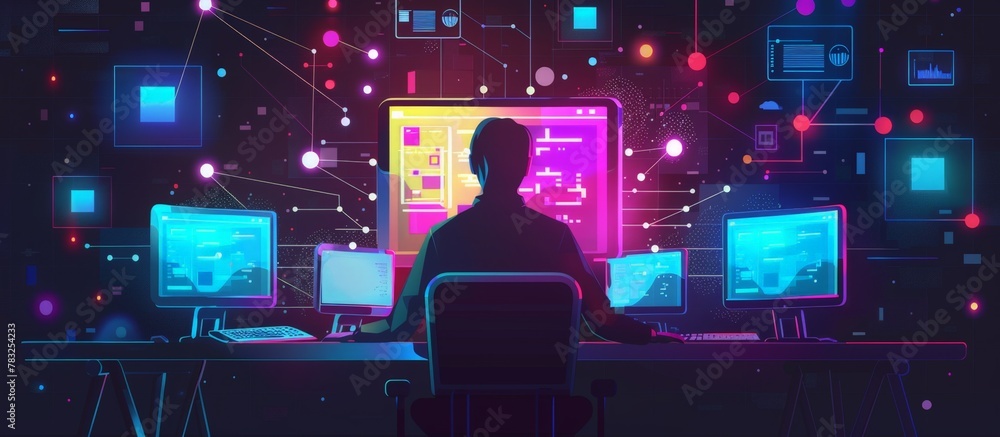 Aufkleber man working at desk with several screens and a pc