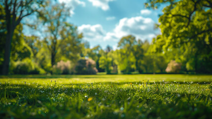 A tranquil spring scene with lush green lawn surrounded by trees, set against a blurred backdrop.