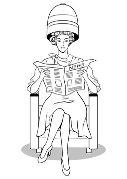 recommend clip art: Woman with old hair dryer reads newspaper coloring PNG illustration. Color background. Comic book style imitation.