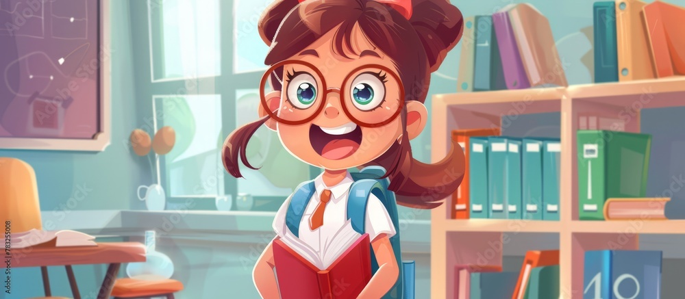 Poster young student girl with spectacles engrossed in reading a book while seated in a classroom setting